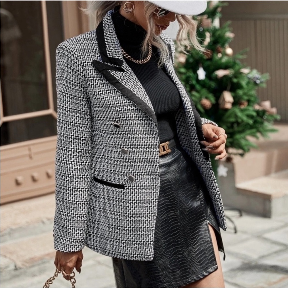ZARA Structured Double Breasted Blazer Black White Tweed Blogger’s Favorite XL - Picture 6 of 16